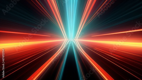 3d render. geometric shapes Abstract background of red orange teal neon wavy stripes and lasers ascending in a large room. wide angle, open space, tech Modern wallpaper