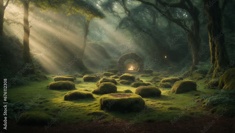 Fototapeta premium Enchanted jungle glen with a mystical aura and ancient stone circle - AI Generative