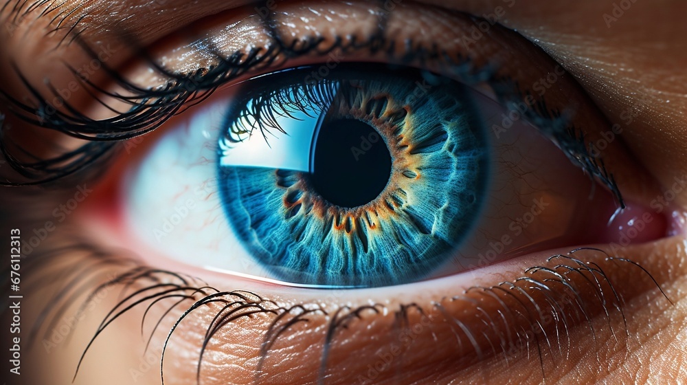 Close up of a blue eye with reflection, naturel makeup - obrazy, fototapety, plakaty 