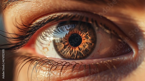 Close up detail of a brown eye with reflection.