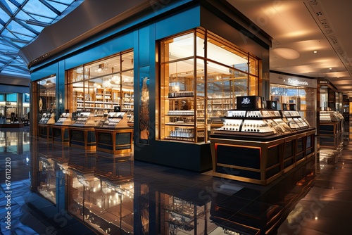 Duty Free Shop in International airport. Duty-free shops are retail outlets that are exempt from the payment of certain local or national taxes and duties.