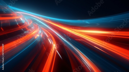 3d render. geometric shapes Abstract background of red orange teal neon wavy stripes and lasers ascending in a large room. wide angle  open space  tech Modern wallpaper
