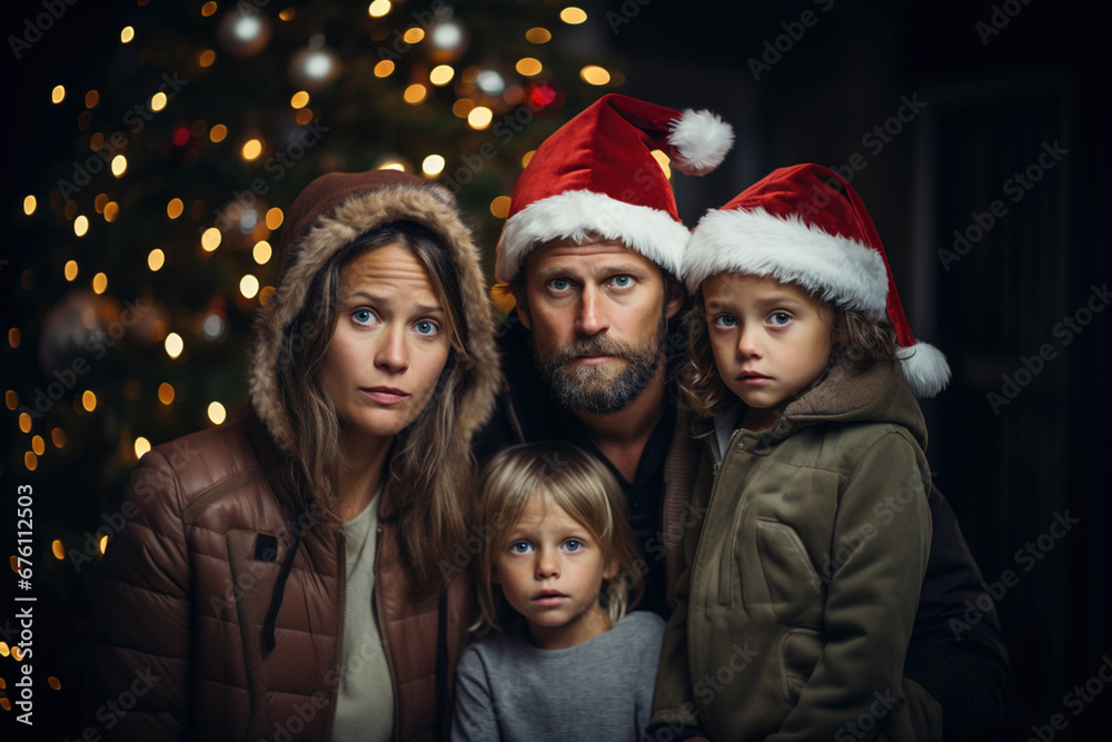 Sad unhappy family with kids portrait spend ruined New Year Eve alone lonely feeling loneliness melancholic depressed. at home. Waiting for holiday. Don't like celebrating Christmas. Sad unhappy family with kids portrait spend ruined New Year Eve alone lonely feeling loneliness melancholic depressed. at home. Waiting for holiday. Don't like celebrating Christmas.