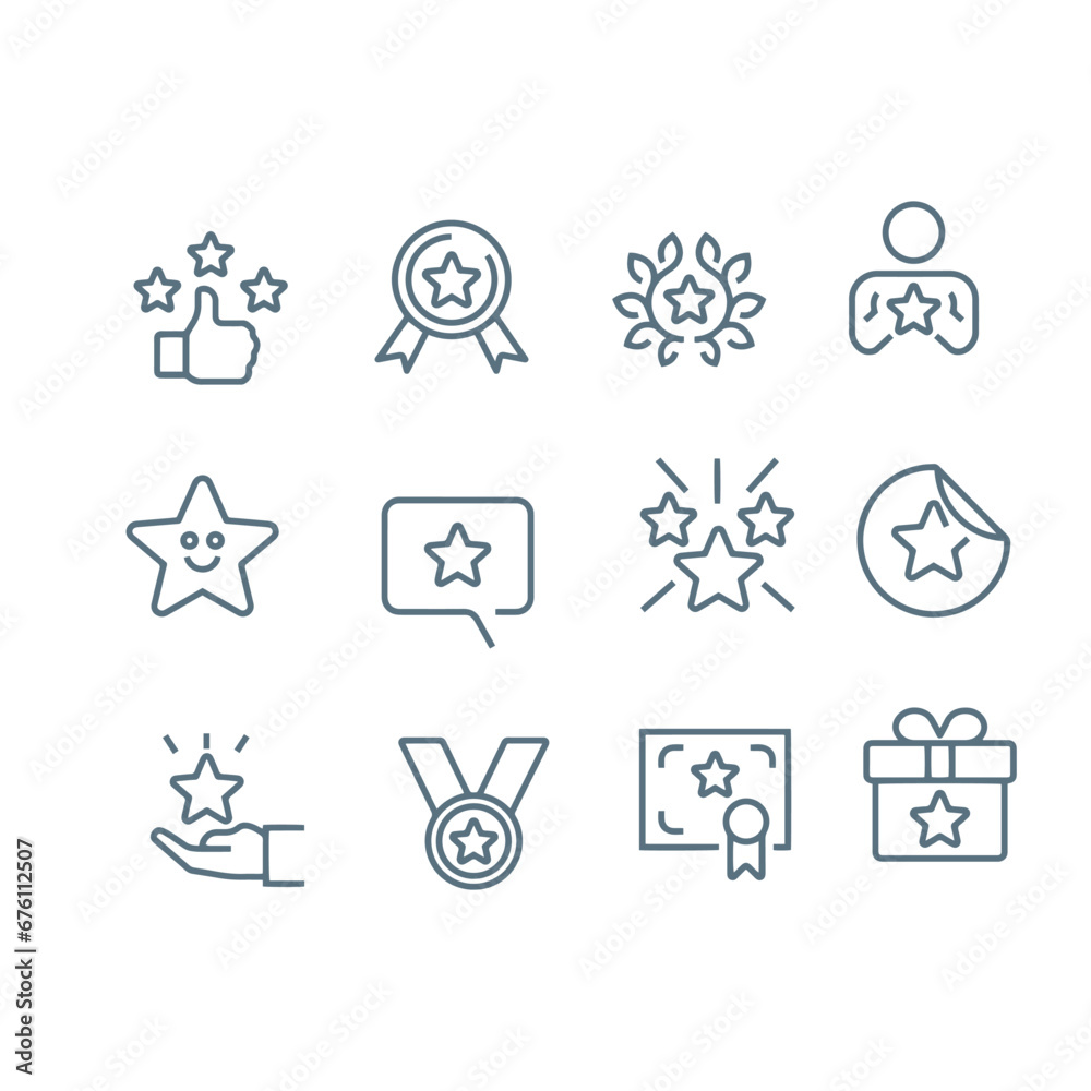 Ranking, medal, army, award line icons set vector design