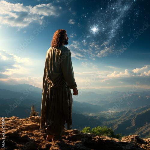 The man on the mountain looking up at the star dressed in simple clothes reminiscent of the heroes who lived during the time of Jesus Christ