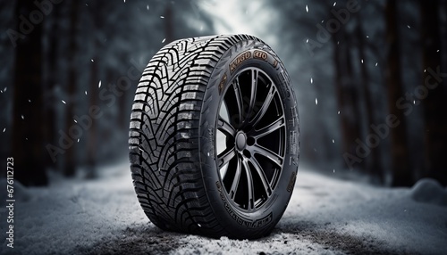 Close up of car tires in winter on snowy road covered with snowWinter tire traction concept.