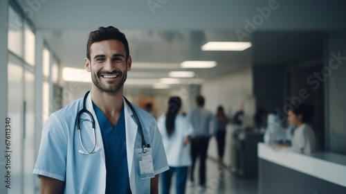 Handsome doctor smiling standing against glass wall in hospital, people in background.