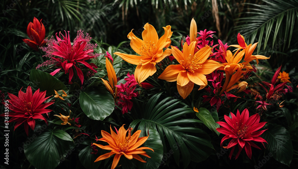 Exotic jungle flowers in a variety of shapes, sizes, and vibrant colors - AI Generative