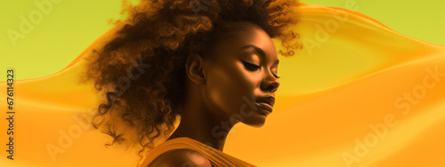 Close-up portrait of African American woman, enveloped in sunlit aura. Her serene expression create peaceful and introspective atmosphere, concepts of inner peace, tranquility and beauty of diversity