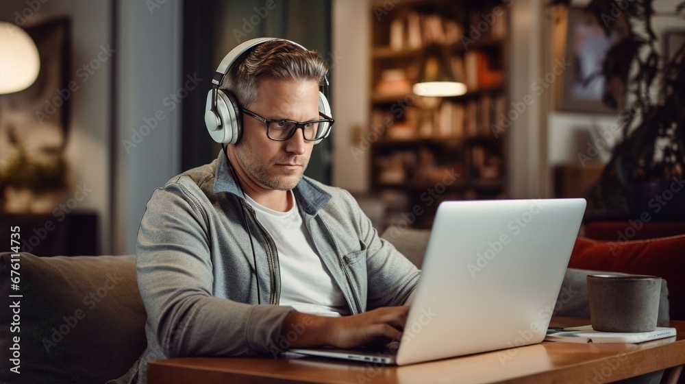 young man wearing jacket and headset siting in chair on wooden table using his laptop, businessman working on laptop in living room. young man wearing jacket and headset siting in chair on wooden table using his laptop, businessman working on laptop in living room.