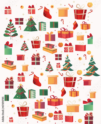 christmas background with gift boxes  fir trees and snowflakes