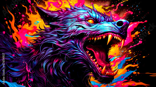 Close up of wolf's head with flames in the background. © Констянтин Батыльчук