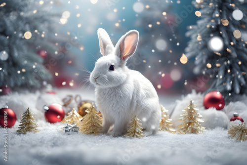 Realistic 3d decorative little cute rabbit in Christmas decorations. Christmas winter holiday composition. Generative AI.