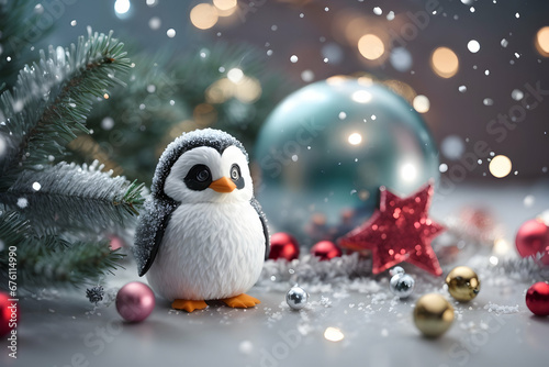 Realistic 3d decorative toy figurine of a little cute penguin in Christmas decorations. Christmas winter holiday composition. Generative AI. © nutalina