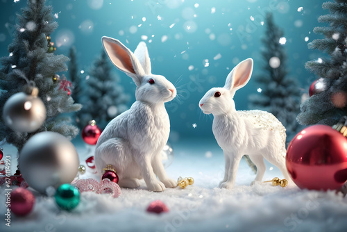 Realistic 3d decorative little cute hare in Christmas decorations. Christmas winter holiday composition. Generative AI.