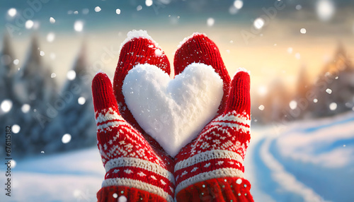 Female hands in red knitted mittens with a heart of snow on a winter day - boho background - winter wonderland - valentines day, holidays, Christmas, xmas photo