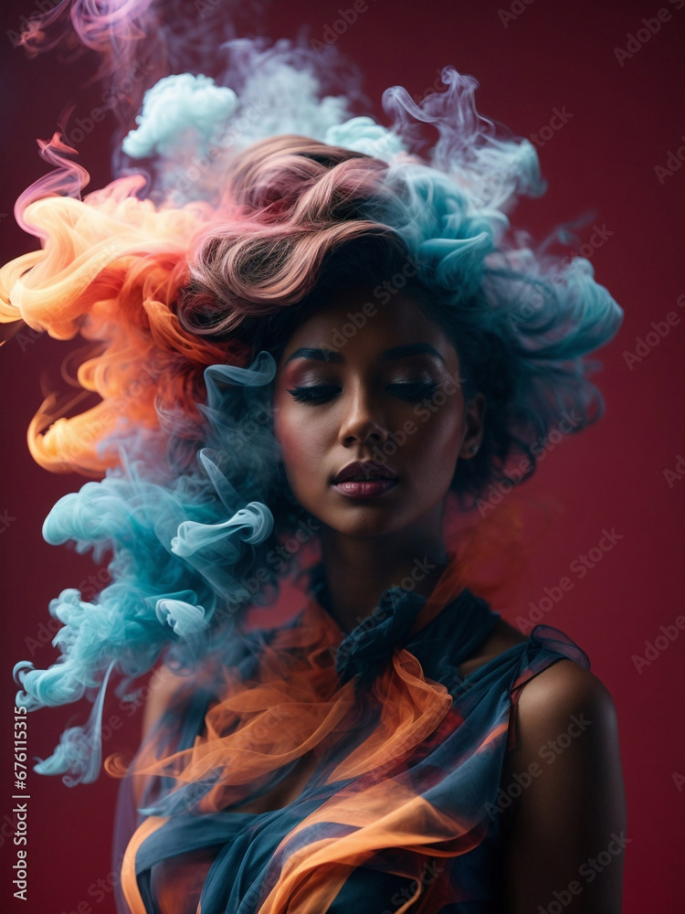 Portrait of high fashion model girl with beautiful hairstyle and make up in colorful bright smoke lights posing in studio