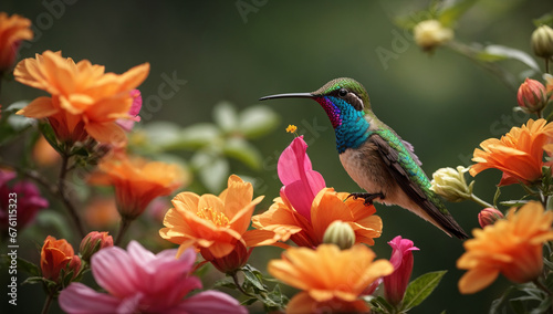 Exquisite and delicate hummingbird feeding from a vibrant flower - AI Generative