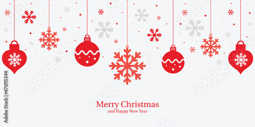 Festive Christmas and New Year greeting design. Collection of snowflakes, xmas baubles hanging and red decorations against a light background.