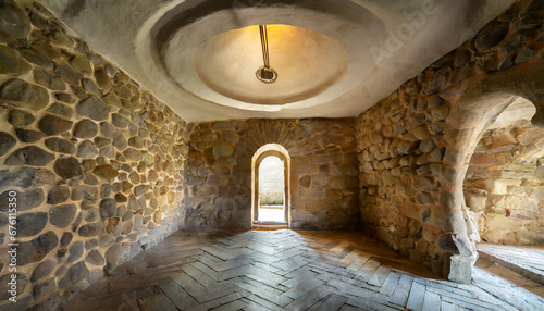 Basement interior with stone floor - Medieval European basement interior, with round ceiling and stone floor, with strong sun lights at the entrance © Verdiana