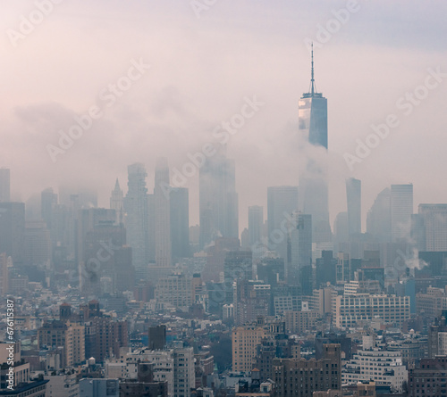 New York, USA: Manhattan city skyline in the fog