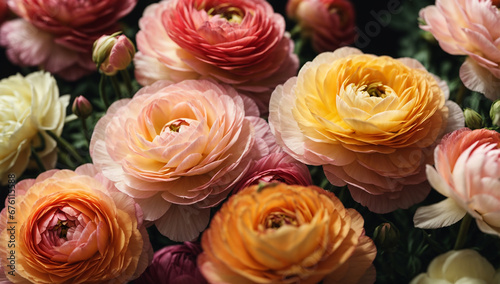 Exquisite and delicate ranunculus, with their layers of tightly packed petals in various colors - AI Generative © Being Imaginative