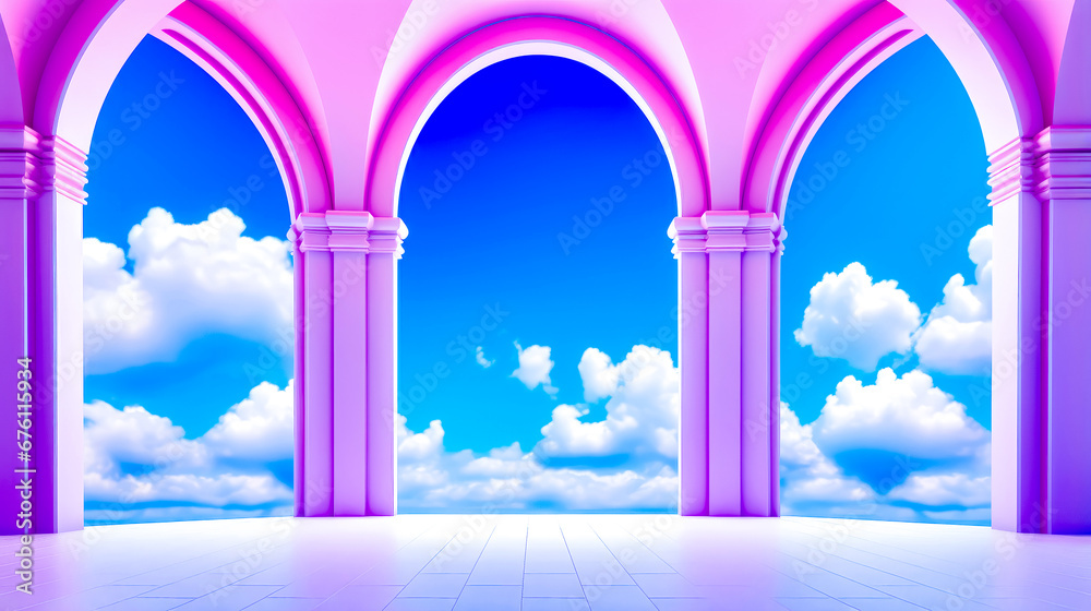 Empty room with arches and blue sky with clouds in the background.