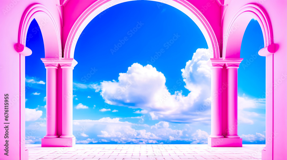 Fototapeta premium Pink archway with blue sky and white clouds in the back ground.