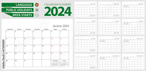 Portuguese calendar planner for 2024. Portuguese language, week starts from Monday.