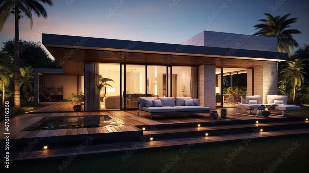 3d rendering of modern cozy house in the garden with pool and parking for sale or rent. Sunset in the background. generativa IA