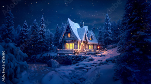 Cozy wooden house in snowy forest at night, Generative AI illustration