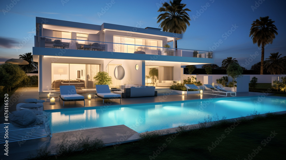 3d rendering of modern cozy house with pool and parking for sale or rent in luxurious style by the sea or ocean. Clear summer evening with cozy light from window. generativa IA