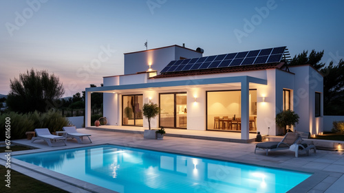 3d rendering of modern cozy house with pool and parking for sale or rent in luxurious style by the sea or ocean at sunset. Clear summer evening with blue sky. Generativa IA © Victor