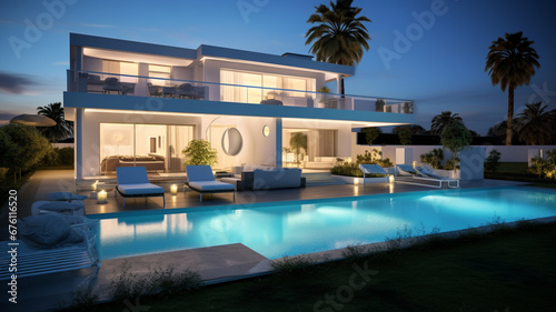 3d rendering of modern cozy house with pool and parking for sale or rent in luxurious style by the sea or ocean. Clear summer evening with cozy light from window. generativa IA