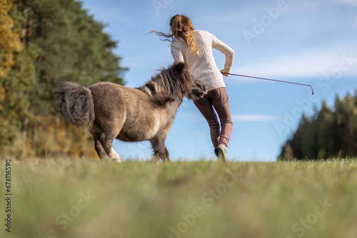 Natural Horsemanship concept: Cute portrait of a young woman and her pony working and interacting together photo