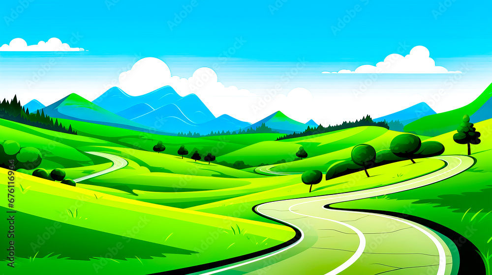 Winding road in the middle of lush green field with mountains in the background.