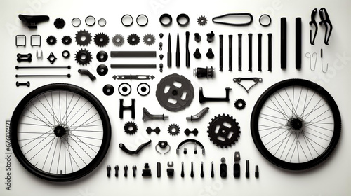 Assortment of parts for bicycle on white background with clippings.