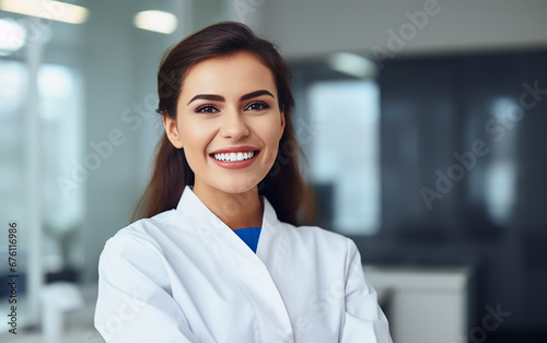 Handsome woman doctor posing at newest dental clinic, copy space