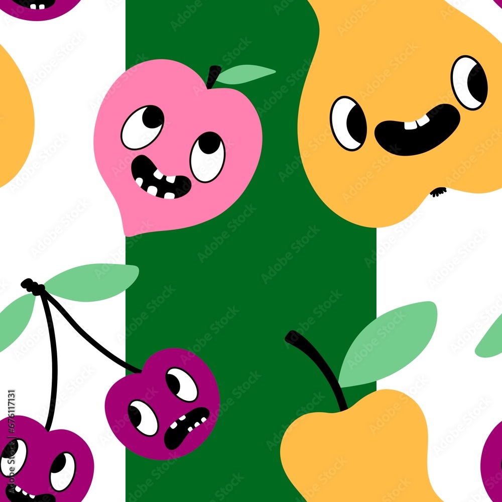 Cartoon fruit seamless cherry and pears and peach pattern for wrapping paper and kids clothes print and fashion