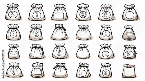 Set of hand drawn bags with numbers and letters on the front of them.