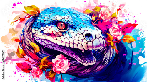 Painting of blue snake with pink flowers on it's head. © Констянтин Батыльчук