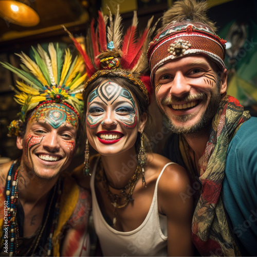 a man and a woman a man and a woman aged 25-30 years, with tribal makeup on face, smile in camera during a party event in the yoga room