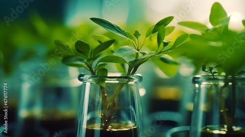 small and isolated plant growing in glasses when sunlight streams through the plant-growing lab, illuminating rows of verdant plants alongside gleaming laboratory equipment