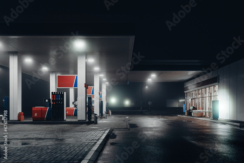 Gas station at foggy night photo