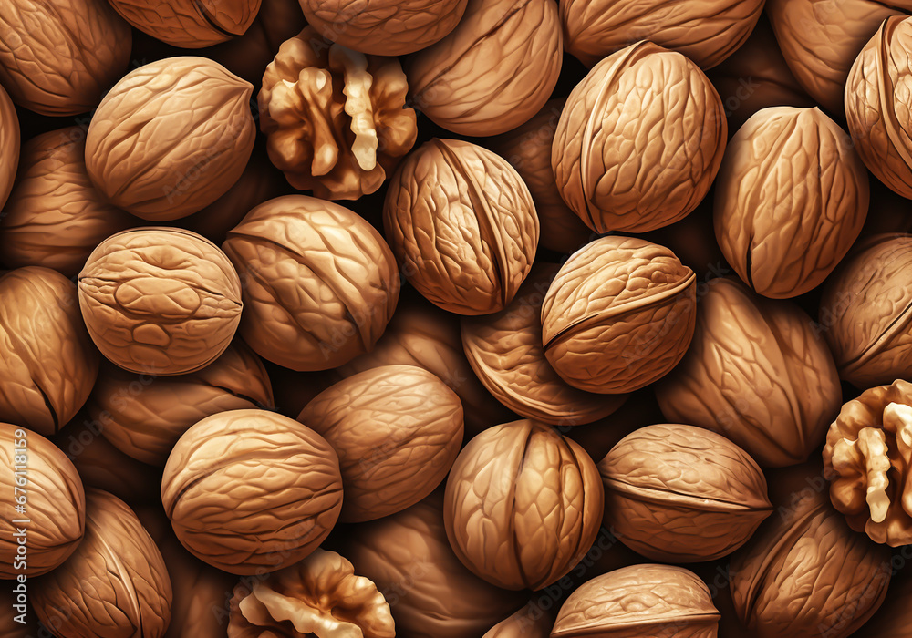 Delicious walnuts background. Autumn time. AI generative Delicious walnuts background. Autumn time. AI generative