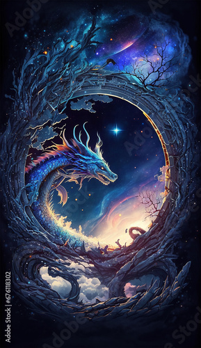 vertical poster of a dragon emerging from a magical round portal. twinkling stars. fantasy art in an epic and mysterious night, incomparable doorway to a dreamy fabolous world
