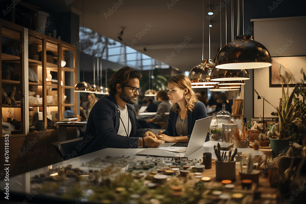 Hombre y mujer trabajando juntos con un portatil