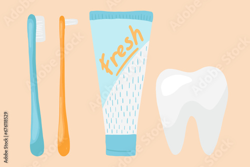 Toothbrush and toothpaste, vector illustration in cartoon flat style. Dental and oral care concept. Cute print for children books, kids dentistry clinic, thematic design and decor. Teeth hygiene. 