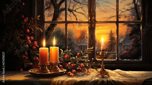 Christmas card with a burning candle on the windowsill at the window on a winter evening. 