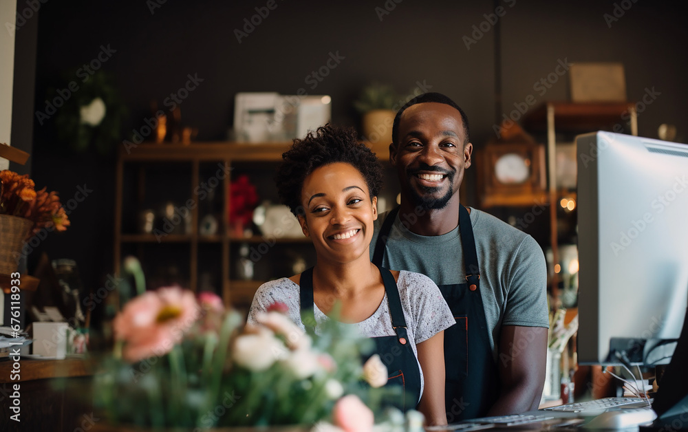 Cheerfull black couple working as a cashiers in the store